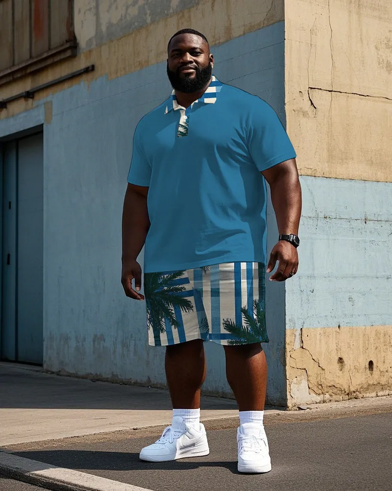 Men's Big Size Hawaiian Coconut Tree Simple Blue Stripe Printed Short Sleeve Polo Shirt Shorts Set sold by Biggmans