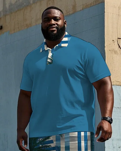 Men's Big Size Hawaiian Coconut Tree Simple Blue Stripe Printed Short Sleeve Polo Shirt Shorts Set sold by Biggmans product image thumbnail 2