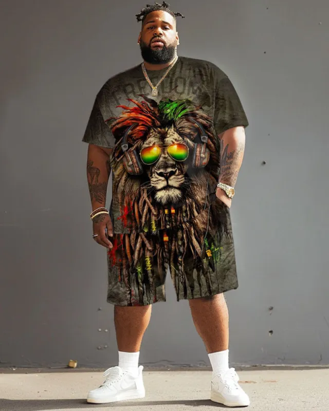Men Plus Size Street Fashion Graffiti Lion Print T-Shirt Shorts Set sold by Biggmans