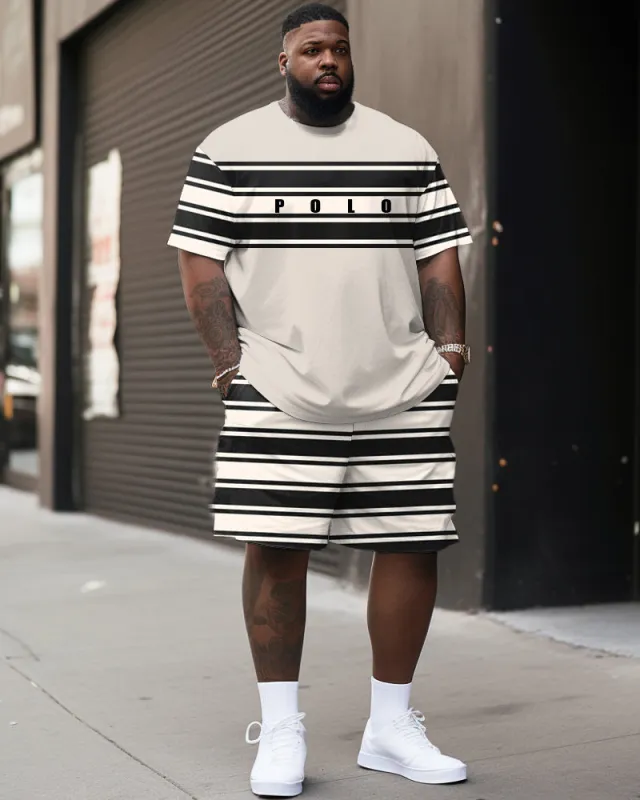 Striped Patchwork Letter Print T-Shirt Shorts Set Big & Tall Men's sold by Biggmans