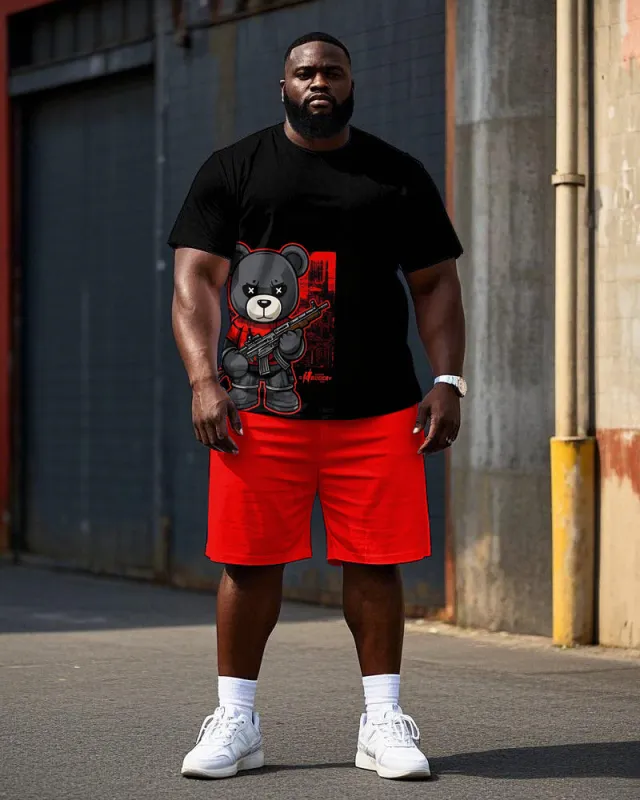 Big Men's Hip Hop Cartoon Soldier Bear Printed Street Casual Short Sleeve T-shirt Shorts Set sold by Biggmans