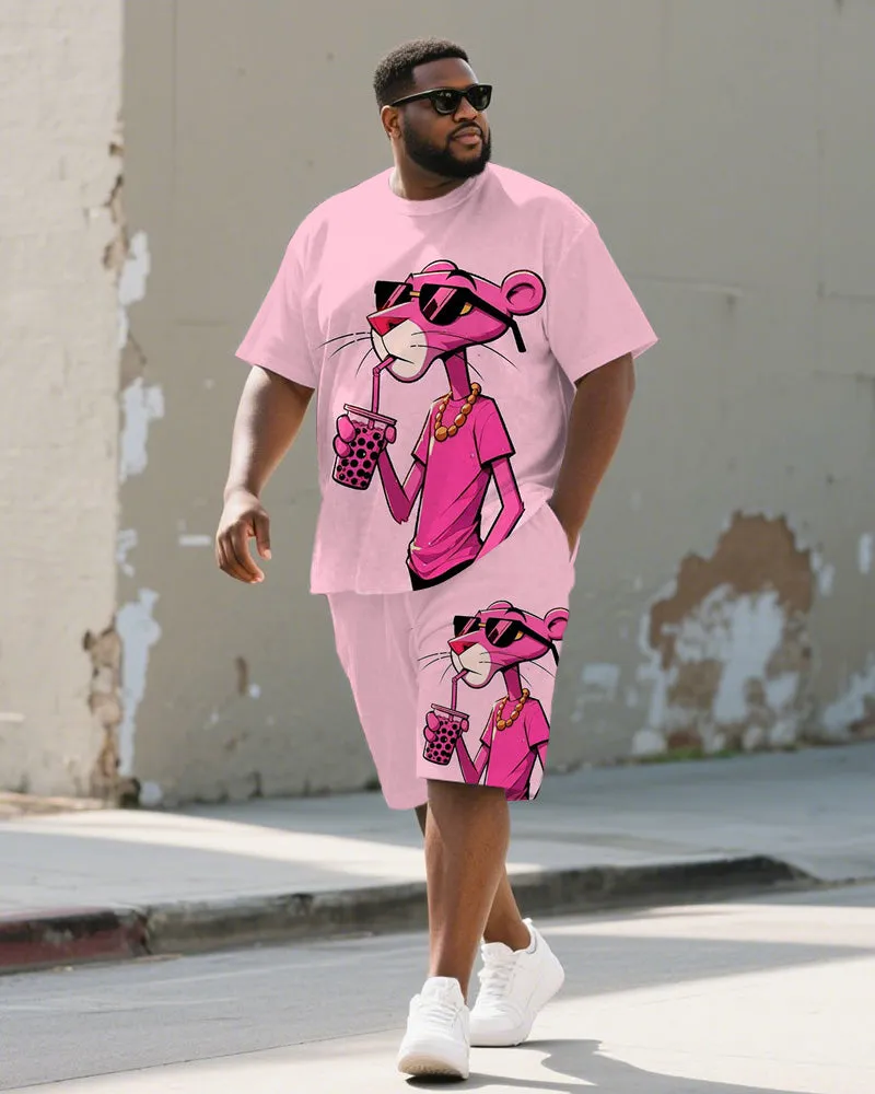 Men's Plus Size Pink Cartoon Animal Drinking Milk Tea Printed Short-sleeved T-shirt Shorts Suit sold by Biggmans
