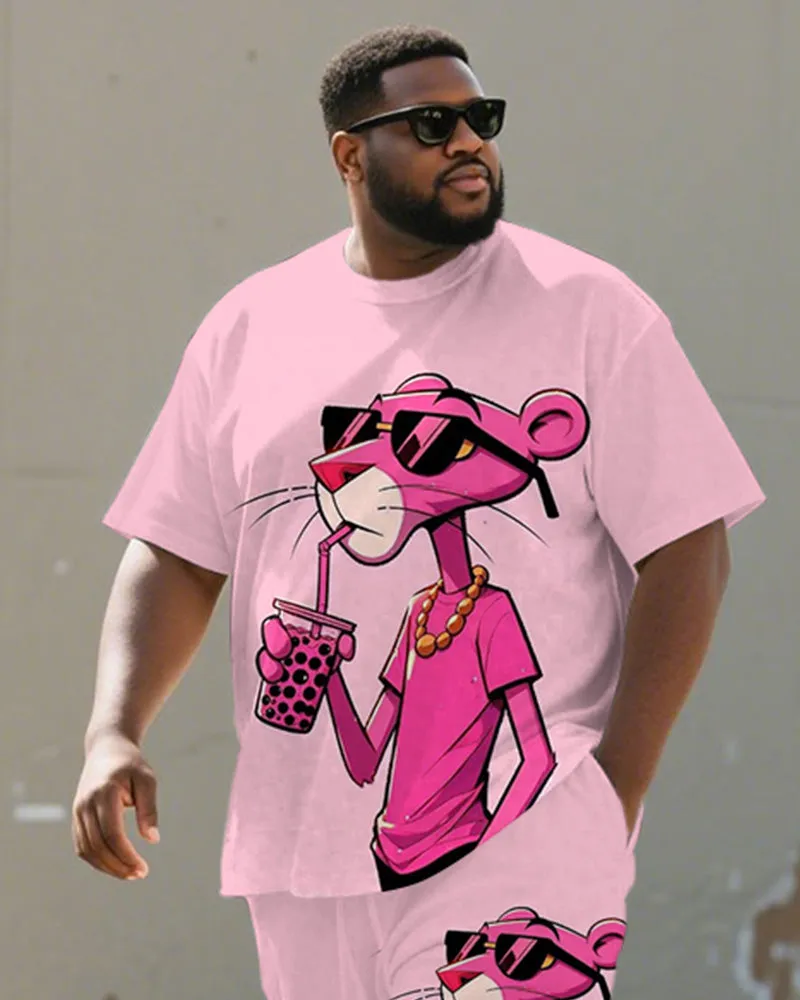 Men's Plus Size Pink Cartoon Animal Drinking Milk Tea Printed Short-sleeved T-shirt Shorts Suit sold by Biggmans product image thumbnail 2