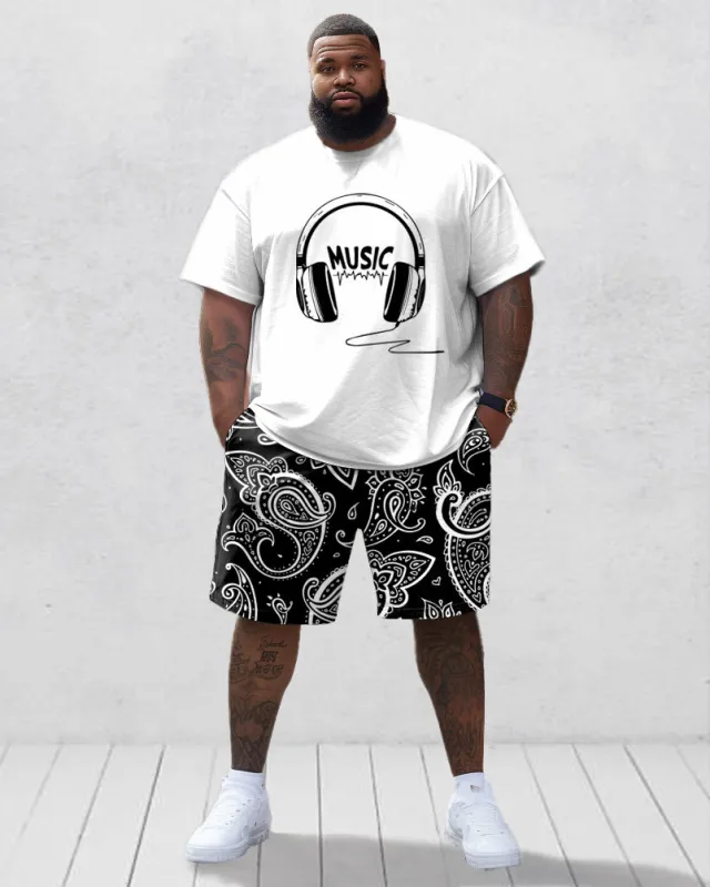 Men's Plus Size Casual Headset Cashew Flower Pattern Printed T-Shirt Shorts Set sold by Biggmans