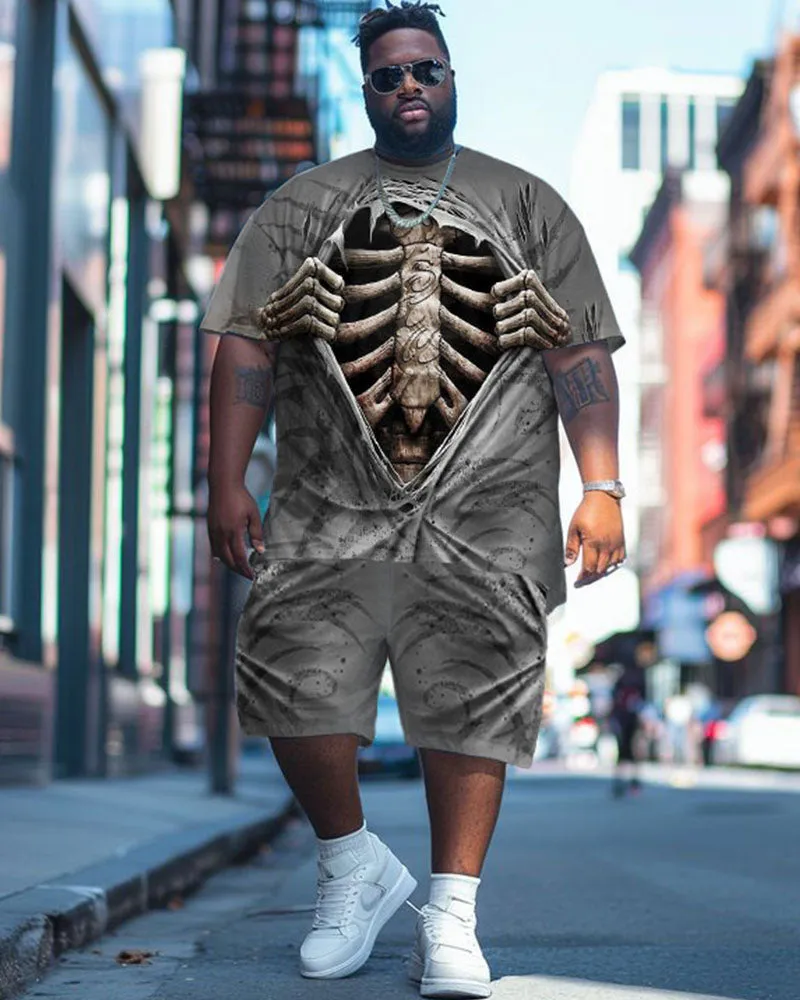 Big Guys Street Fashion Ripped Skull Print T-Shirt Shorts Set sold by Biggmans