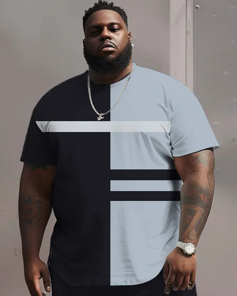 Big Men's Casual Simple Blue Horizontal Color-block Printed T-shirt Shorts Set sold by Biggmans product image thumbnail 2