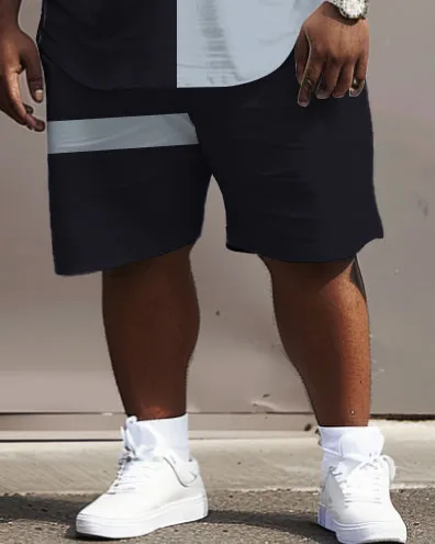 Big Men's Casual Simple Blue Horizontal Color-block Printed T-shirt Shorts Set sold by Biggmans product image thumbnail 3