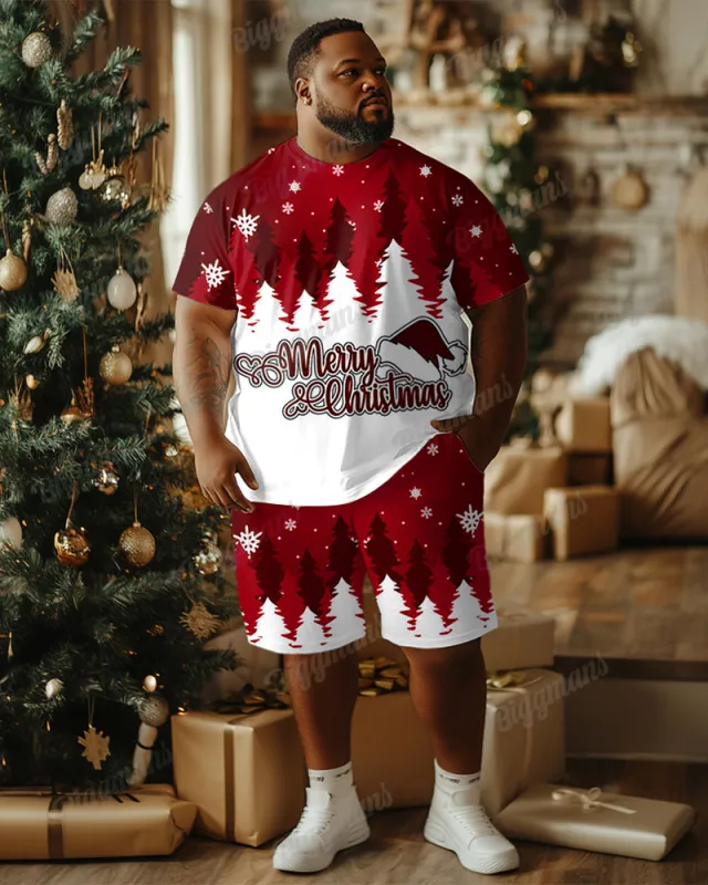 Big Guys Merry Christmas Letter Snowflake Christmas Tree Print T-Shirt Shorts Set sold by Biggmans