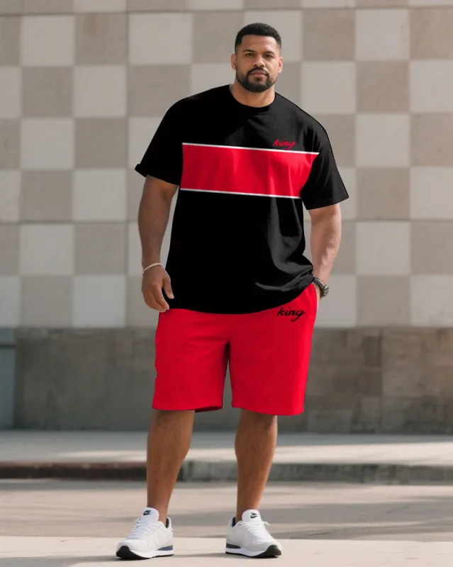 Men's Plus Size Casual Classic Red & Black Color-block Design Chest Small Label Printed Short-sleeved T-shirt Shorts Suit sold by Biggmans