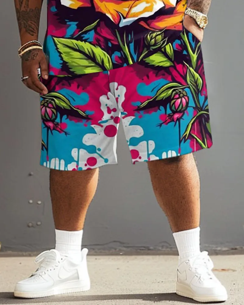 Men's Plus Size Street Fashion Graffiti Rose Print T-Shirt Shorts Set sold by Biggmans product image thumbnail 3
