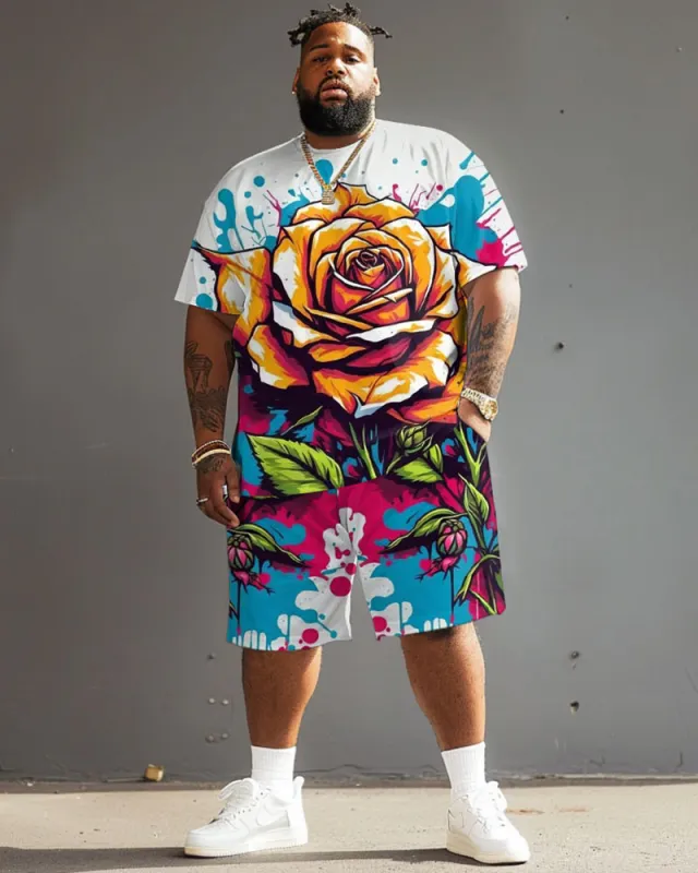 Men's Plus Size Street Fashion Graffiti Rose Print T-Shirt Shorts Set sold by Biggmans