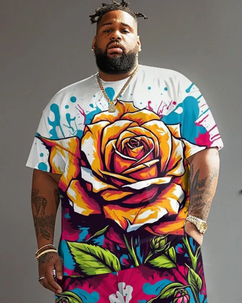 Men's Plus Size Street Fashion Graffiti Rose Print T-Shirt Shorts Set sold by Biggmans product image thumbnail 2