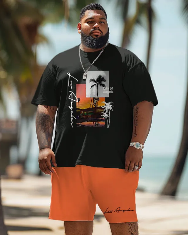 Big Men Hawaiian Coconut Tree Sunset Alphabet Print T-Shirt Shorts Set sold by Biggmans