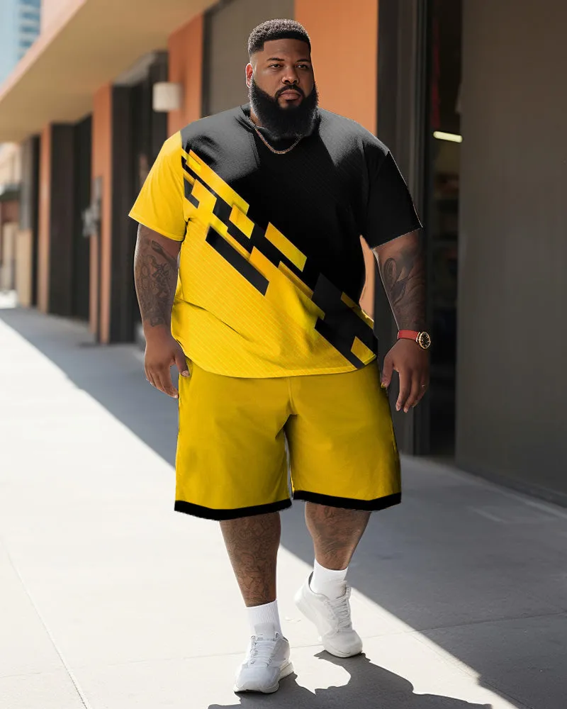 Men's Large Size Street Color Block Yellow And Black Graffiti Short-Sleeved Shorts Set sold by Biggmans