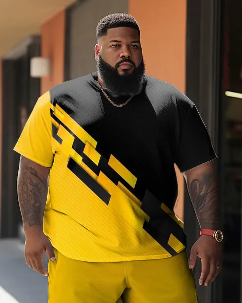 Men's Large Size Street Color Block Yellow And Black Graffiti Short-Sleeved Shorts Set sold by Biggmans product image thumbnail 2