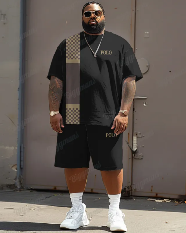 Men's Big Size Simple Plaid Patchwork Letter Printed T-shirt Shorts Set sold by Biggmans