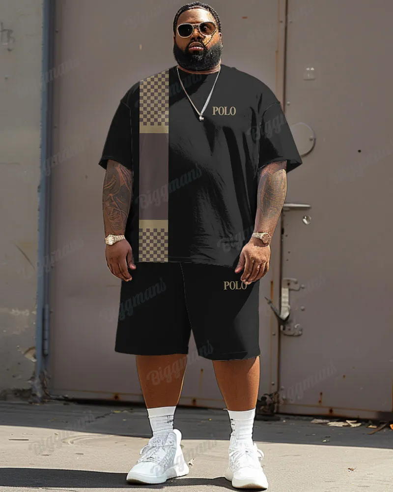 Men's Big Size Simple Plaid Patchwork Letter Printed T-shirt Shorts Set sold by Biggmans