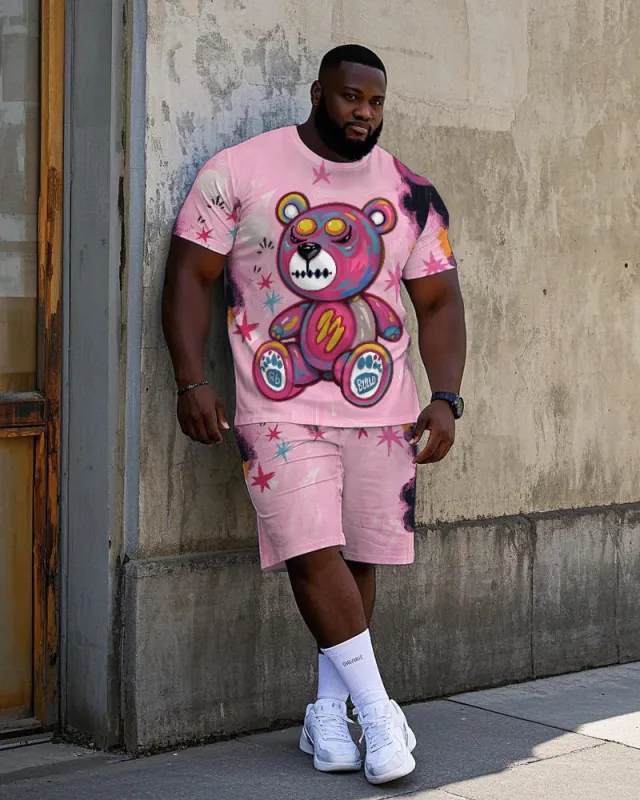 Big Men's Hip Hop Street Fashion Graffiti Bear Printed Casual Short Sleeve T-shirt Shorts Set sold by Biggmans