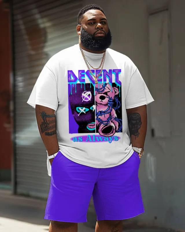 Men's Plus Size Crew Neck T-Shirt and Shorts Set with Bear Letter Print sold by Biggmans