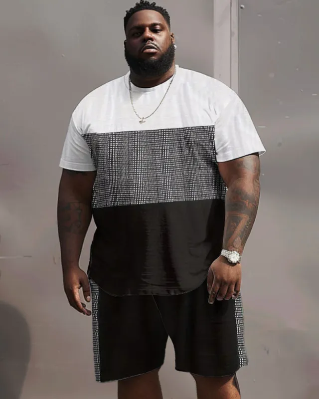 Men's Plus Size Casual Simple Plaid Patchwork Printed T-Shirt Shorts Set sold by Biggmans