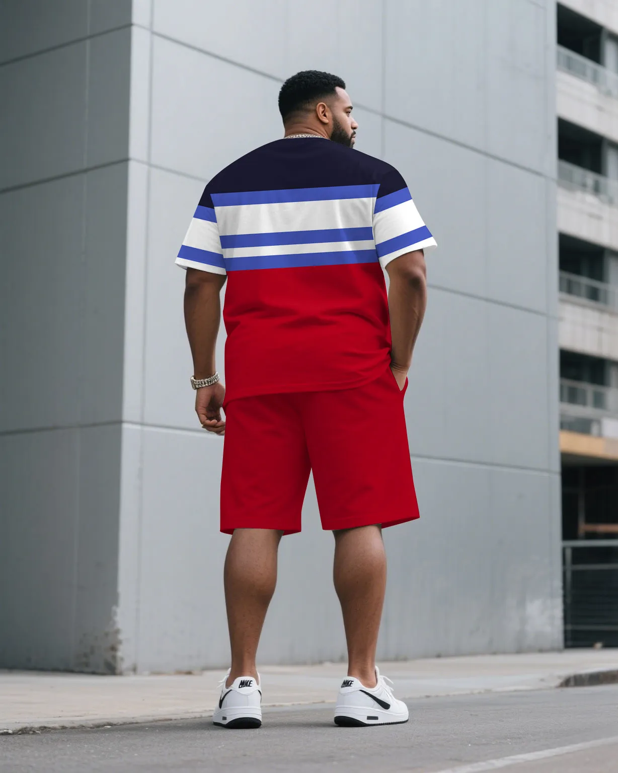 Men's Plus Size Fashion Contrast Blue & Red Large Polo Print Round Neck Short Sleeve T-Shirt Shorts Suit sold by Biggmans product image thumbnail 4