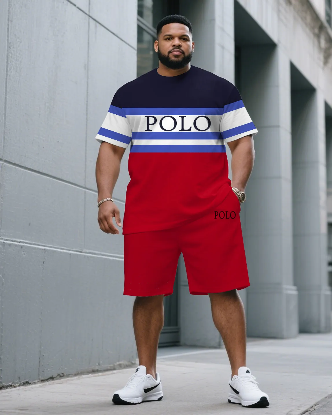 Men's Plus Size Fashion Contrast Blue & Red Large Polo Print Round Neck Short Sleeve T-Shirt Shorts Suit sold by Biggmans
