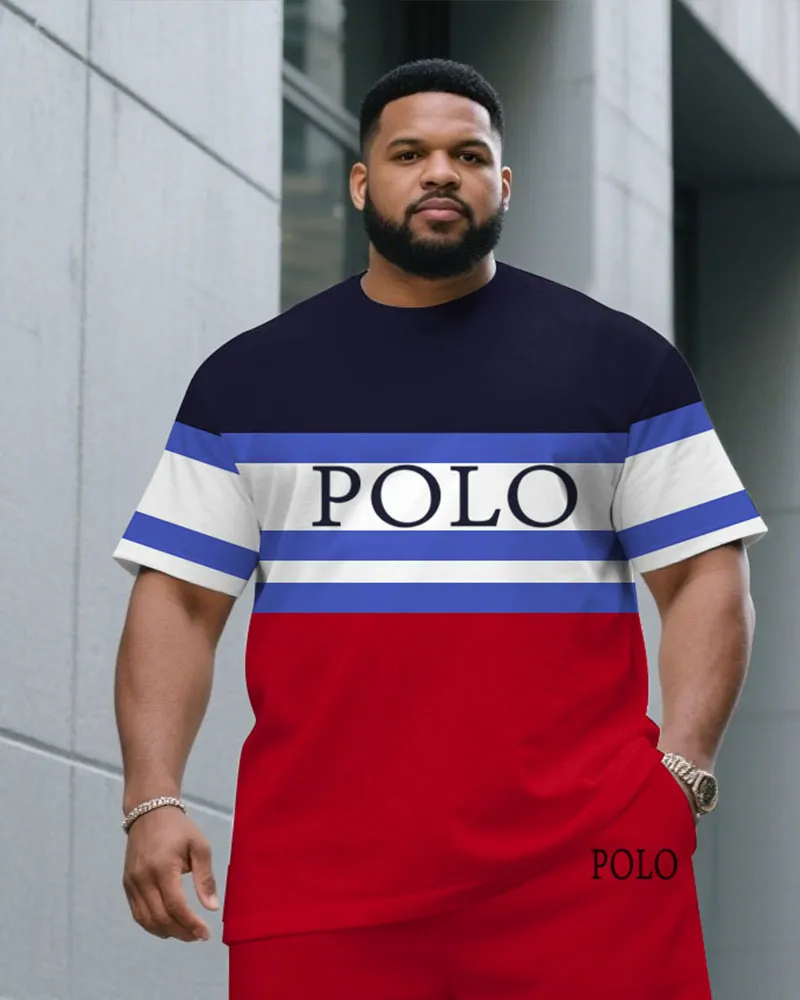 Men's Plus Size Fashion Contrast Blue & Red Large Polo Print Round Neck Short Sleeve T-Shirt Shorts Suit sold by Biggmans product image thumbnail 2