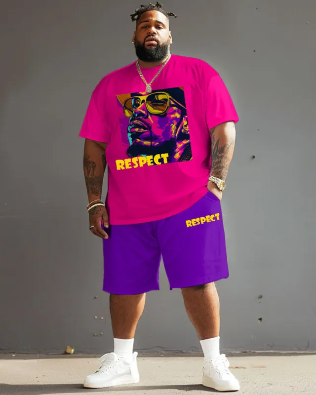 Men's Plus Size Street Fashion Pop Art Respect Alphabet Print T-Shirt Shorts Set sold by Biggmans