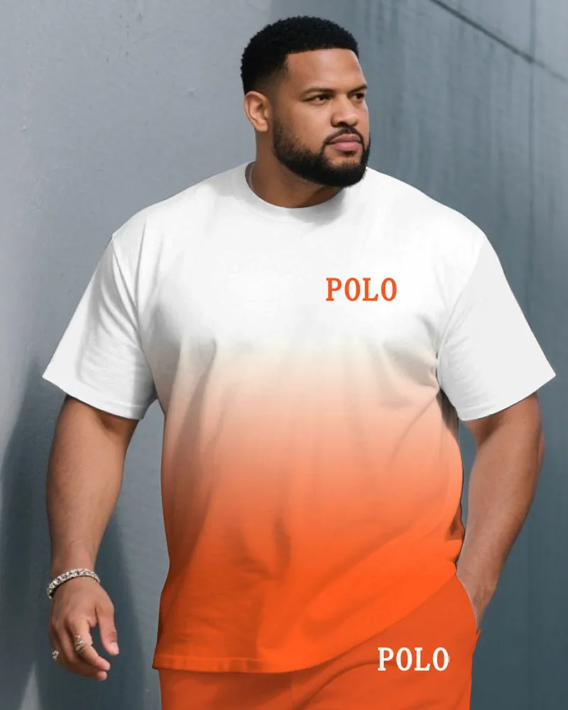 Men's Plus Size Street Fashion Orange Gradient Small Label Printed Round Neck Short Sleeve T-Shirt Shorts Suit sold by Biggmans product image thumbnail 2