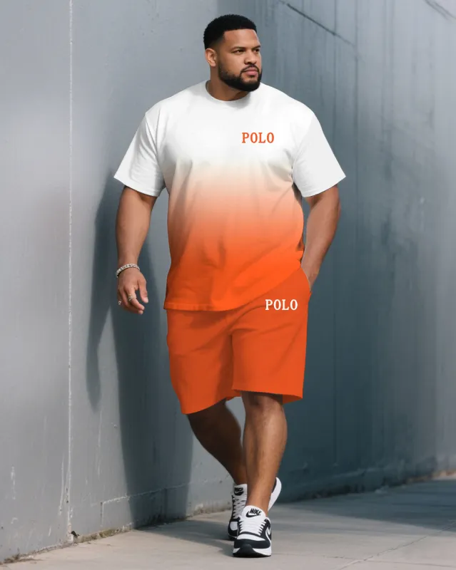 Men's Plus Size Street Fashion Orange Gradient Small Label Printed Round Neck Short Sleeve T-Shirt Shorts Suit sold by Biggmans