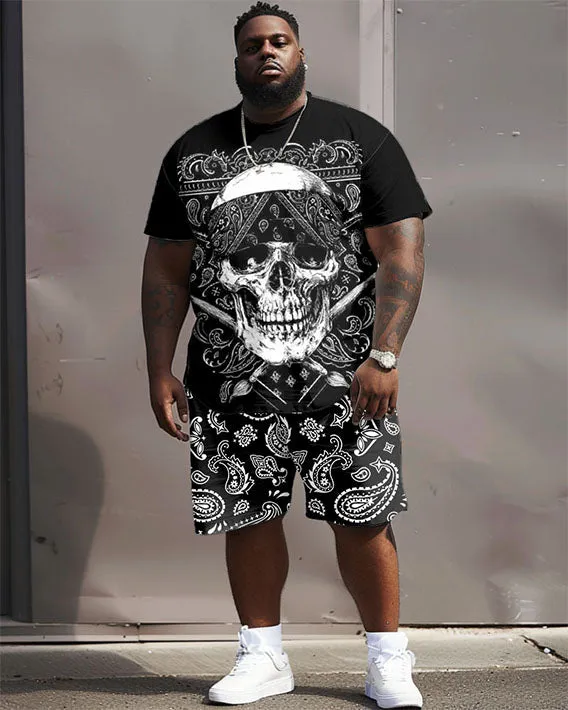 Men's Big and Tall Street Hip Hop Skull Paisley Print T-Shirt Shorts Set sold by Biggmans