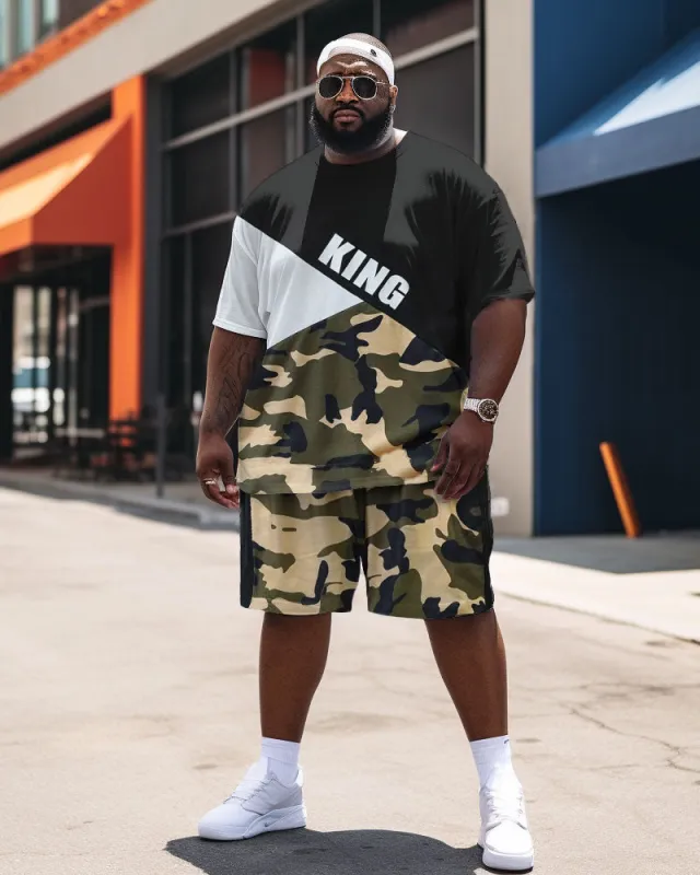 Men's Large Size Street Camouflage Color Block King Graffiti Short Sleeve Shorts Set sold by Biggmans