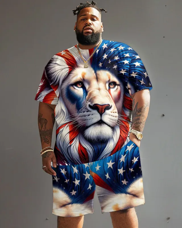 Men's Plus Size Independence Day Flag Lion Print T-Shirt Set sold by Biggmans