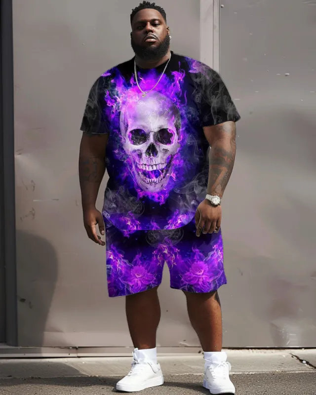 Big Men's Burning Skull Print T-Shirt and Shorts Casual Set sold by Biggmans