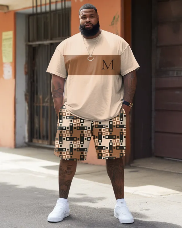 Big Guy's Colorblock Plaid Letter Print T-Shirt and Shorts Set sold by Biggmans