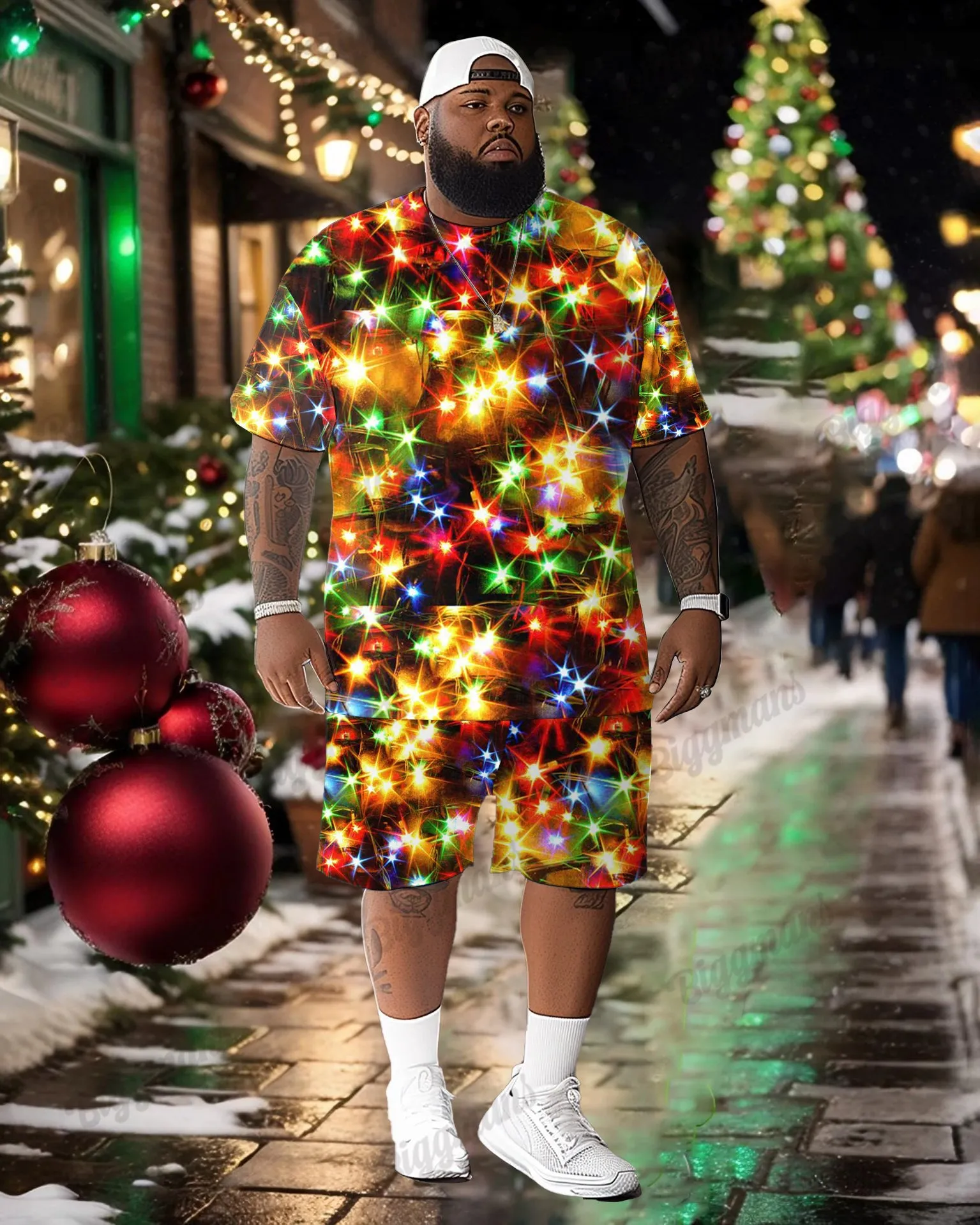 Big Men's Christmas Colored Lights Print T-Shirt Shorts Set sold by Biggmans