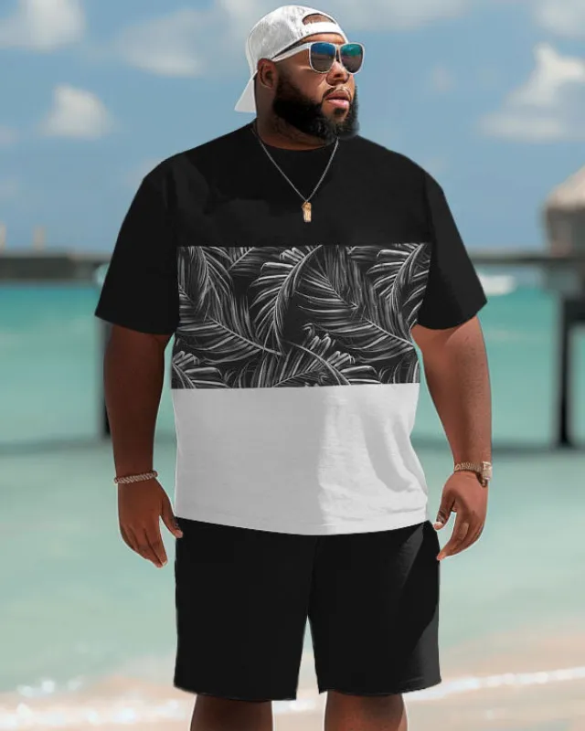 Hawaiian Simple Leaf Color Block Print Big Men's Two-piece Shorts Set sold by Biggmans
