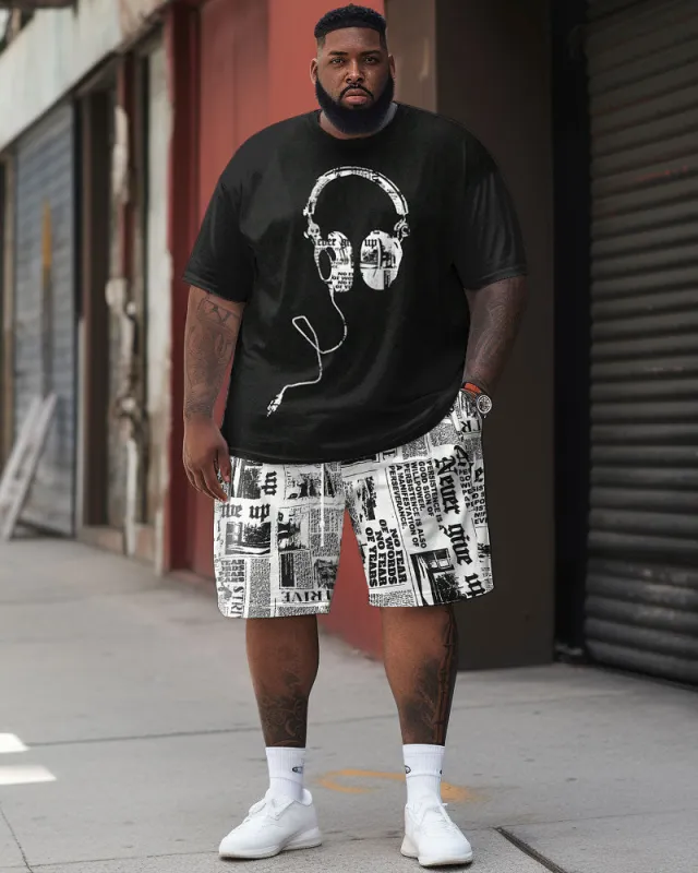 Men's Large Size Casual Music Headphones Simple Gradient Short-sleeved Shorts Set sold by Biggmans