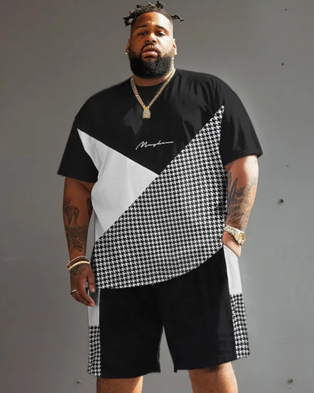 Street Casual Black White Gray Houndstooth Print Big Men's Set sold by Biggmans