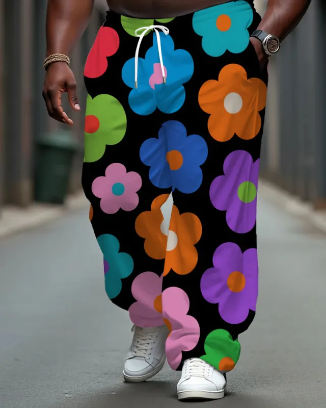 Men's Cartoon Colorful Flower Printed Big and Tall Pants with Pockets & Drawstring sold by Biggmans