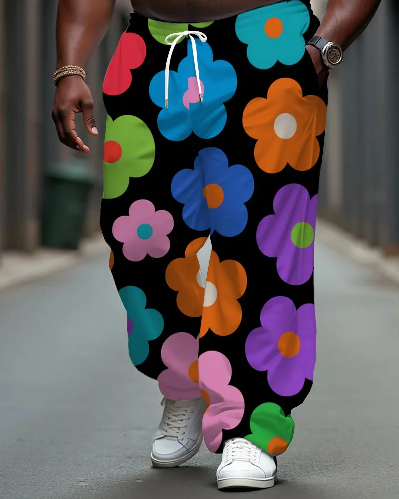 Men's Cartoon Colorful Flower Printed Big and Tall Pants with Pockets & Drawstring sold by Biggmans