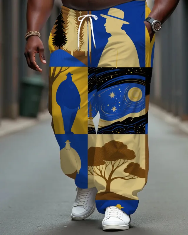 Big Men's Loose Retro Cartoon Splicing Style Pocket Drawstring Casual Pants sold by Biggmans