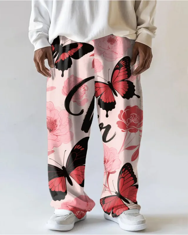 Big Men's Retro Romantic Butterfly Flower Printed Loose Casual Pants with Pocket sold by Biggmans