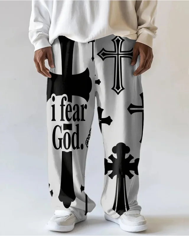 Men's Retro Cross i fear God Letter Printed Daily Casual Big and Tall Pants sold by Biggmans