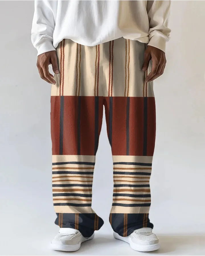 Men's Daily Casual Retro Splicing Stripes Printed Big and Tall Pants with Pockets sold by Biggmans