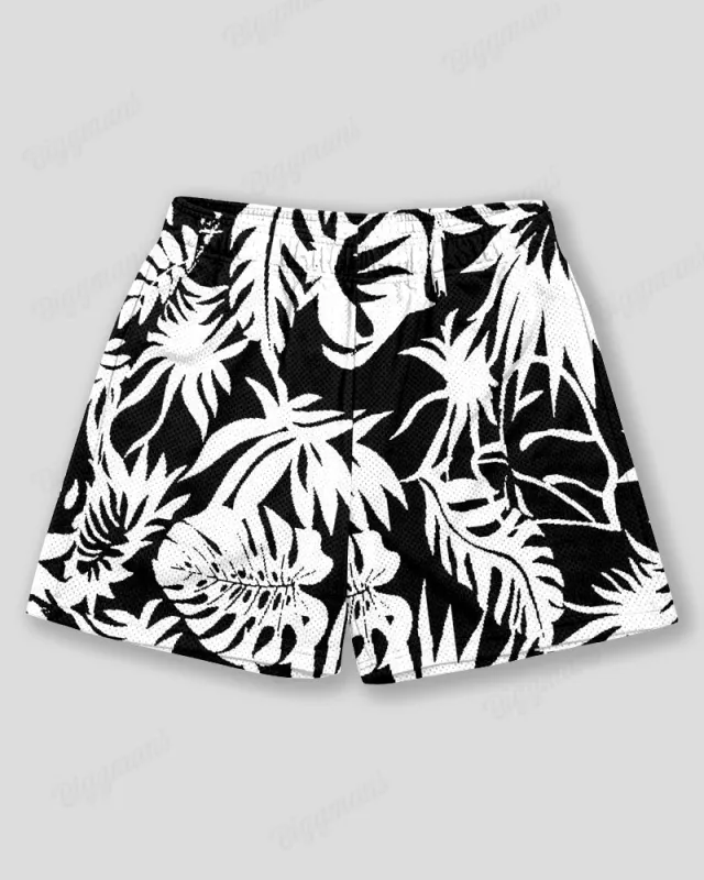 Plus Size Men's Hawaiian Black And White Coconut Tree Print Sports Mesh Quick Dry Shorts sold by Biggmans