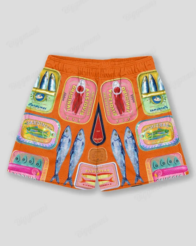 Big & Tall Men's Hawaiian Orange Graffiti Vintage Sardines Canned Print Sports Mesh Quick-Dry Shorts sold by Biggmans