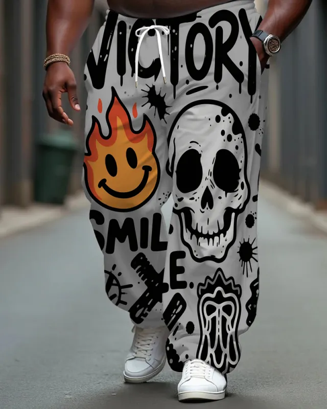 Big Men's Street Fashion VICTORY Hip Hop Skull Fire Printed Pocket Drawstring Casual Pants sold by Biggmans