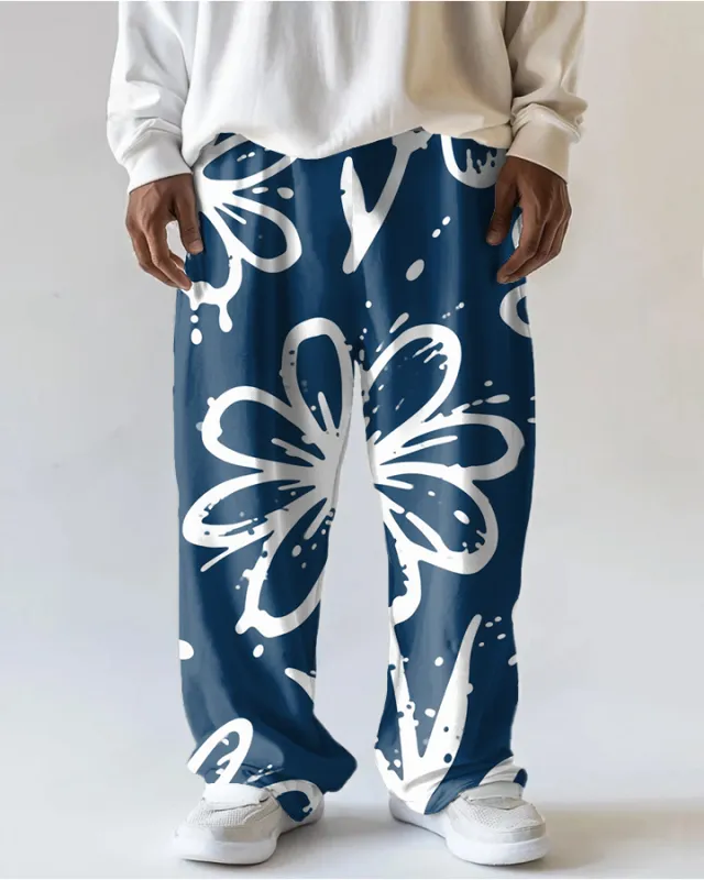 Men's Vintage Ink-Splash White Flower Printed Casual Pocket Big and Tall Pants sold by Biggmans