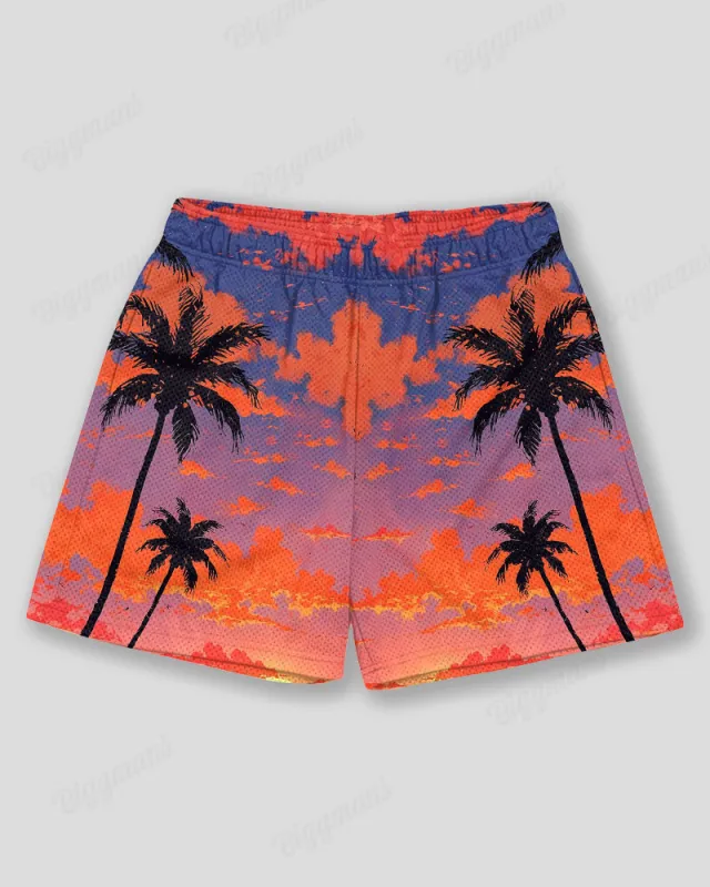 Plus Size Men's Hawaiian Sunset Coconut Tree Print Sports Mesh Quick Dry Shorts sold by Biggmans